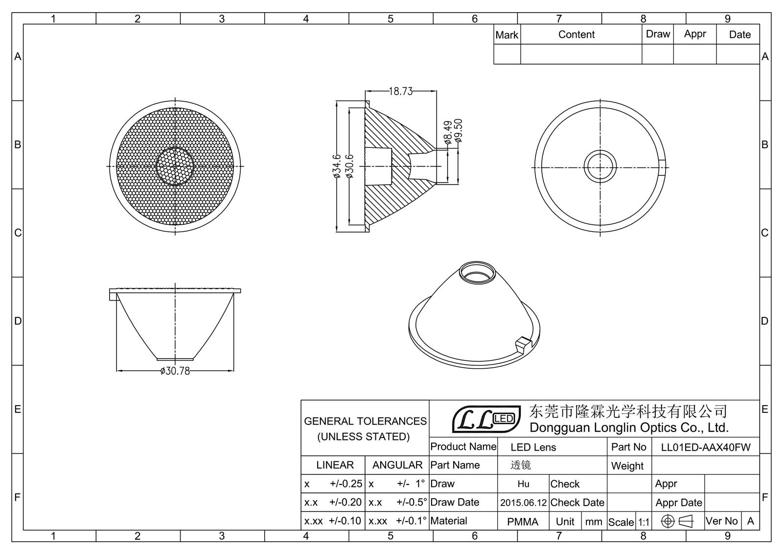 LL01ED-AAX40FW COB透鏡產品規(guī)格圖